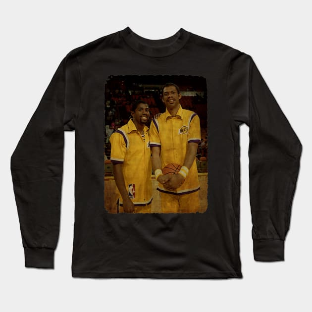 Magic Johnson and Kareem Abdul Jabbar of The Los Angeles Lakers, 1984 Long Sleeve T-Shirt by Milu Milu